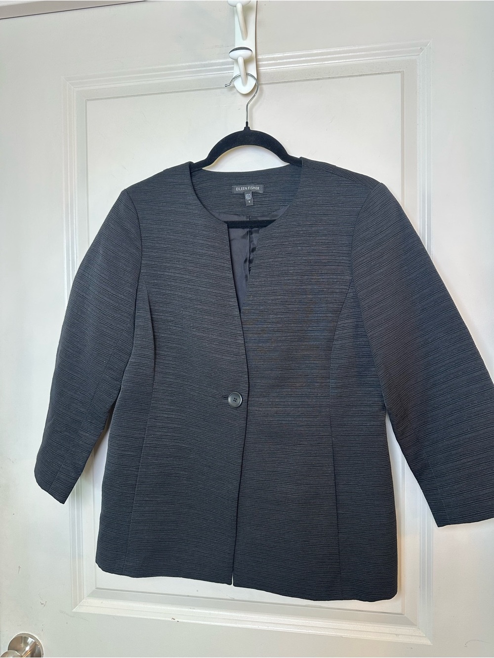 EILEEN FISHER Textured Cotton Blend One Button Black Blazer, Small